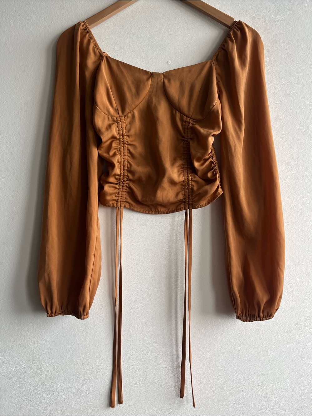 Rust Satin Ruched Corset Top Coquette Balletcore Long Sleeve Crop Blouse Sz S